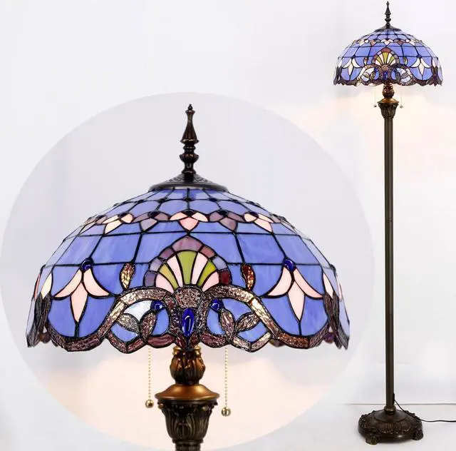 Alt view image 5 of 7 - WERFACTORY Tiffany Floor Lamp Blue Purple Baroque Stained Glass Standing Reading Light 16X16X64 Inches Antique Pole Corner Lamp Decor Bedroom Living Room Home Office S003C Series