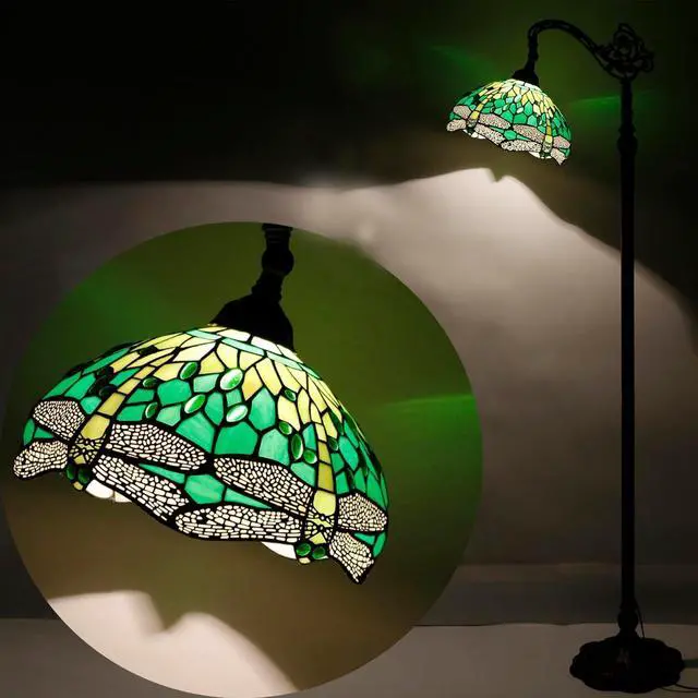 Alt view image 4 of 7 - WERFACTORY Tiffany Floor Lamp Green Stained Glass Dragonfly Arched Lamp 12X18X64 Inches Gooseneck Adjustable Corner Standing Reading Light Decor Bedroom Living Room S459 Series