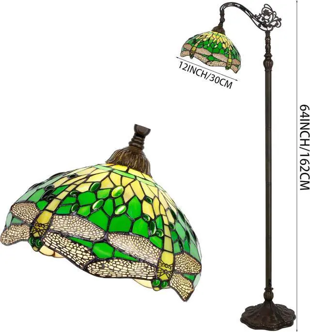 Alt view image 6 of 7 - WERFACTORY Tiffany Floor Lamp Green Stained Glass Dragonfly Arched Lamp 12X18X64 Inches Gooseneck Adjustable Corner Standing Reading Light Decor Bedroom Living Room S459 Series