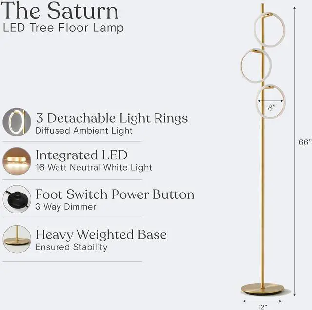 Alt view image 4 of 6 - Brightech Saturn Floor Lamp, Great Living Room Decor, Tall Contemporary Standing Tree Light for Offices, Living Rooms, with 3 LED Heads for Bedroom Reading - Gold/Brass