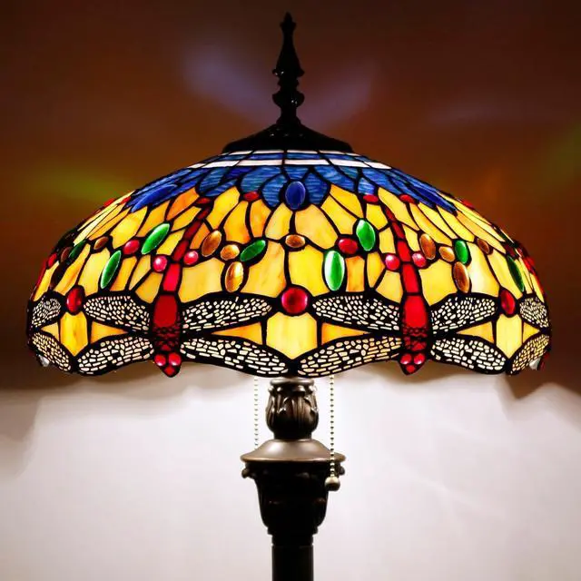 Alt view image 4 of 7 - WERFACTORY Tiffany Floor Lamp Blue Yellow Dragonfly Stained Glass Standing Reading Light 16X16X64 Inches Antique Pole Corner Lamp Decor Bedroom Living Room Home Office S168 Series