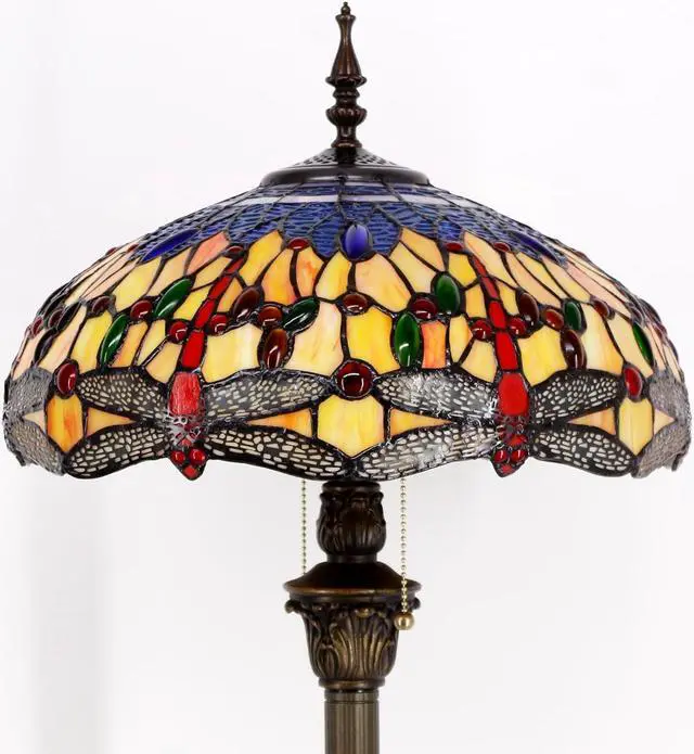 Alt view image 6 of 7 - WERFACTORY Tiffany Floor Lamp Blue Yellow Dragonfly Stained Glass Standing Reading Light 16X16X64 Inches Antique Pole Corner Lamp Decor Bedroom Living Room Home Office S168 Series