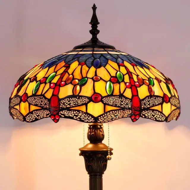 Alt view image 7 of 7 - WERFACTORY Tiffany Floor Lamp Blue Yellow Dragonfly Stained Glass Standing Reading Light 16X16X64 Inches Antique Pole Corner Lamp Decor Bedroom Living Room Home Office S168 Series