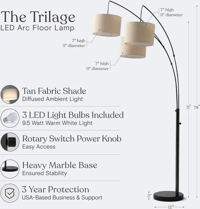 Alt view image 3 of 7 - Brightech Trilage Arc Floor Lamp for Living Room, Multi Head Tree Floor Lamp for Bedroom, 3 Lights Standing Lamps Hanging Over The Couch - Black