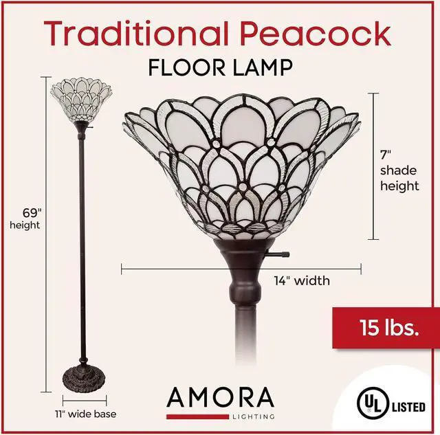 Alt view image 2 of 7 - Amora Tiffany Floor Lamp Torchiere - Traditional Style Peacock Design 69 Stained Glass Lamp, Custom Handcrafted Pole Lamp with 3-Way Rotary Switch - Decorative Floor Lamp for Living Room