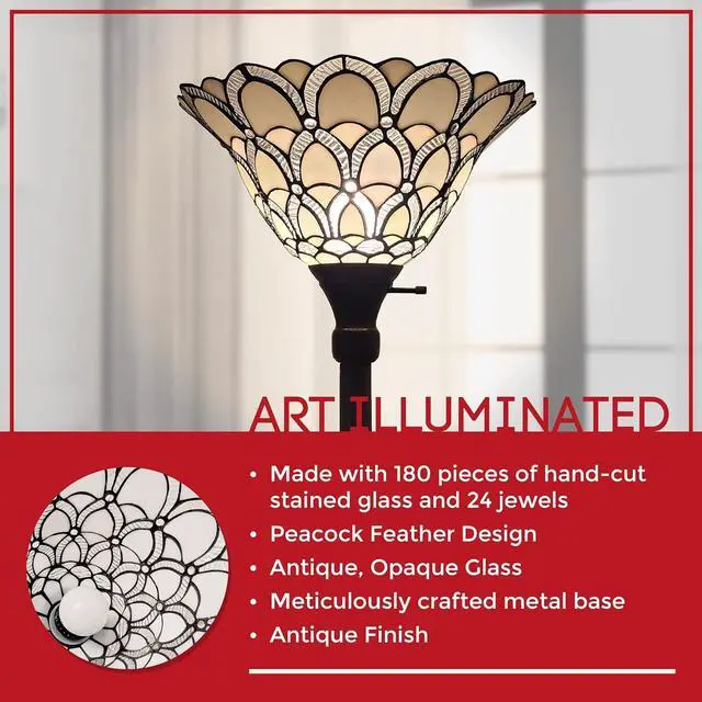Alt view image 3 of 7 - Amora Tiffany Floor Lamp Torchiere - Traditional Style Peacock Design 69 Stained Glass Lamp, Custom Handcrafted Pole Lamp with 3-Way Rotary Switch - Decorative Floor Lamp for Living Room