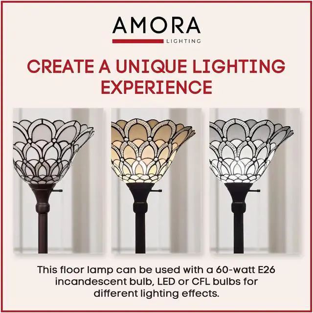 Alt view image 5 of 7 - Amora Tiffany Floor Lamp Torchiere - Traditional Style Peacock Design 69 Stained Glass Lamp, Custom Handcrafted Pole Lamp with 3-Way Rotary Switch - Decorative Floor Lamp for Living Room