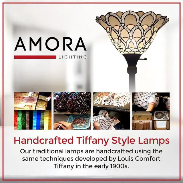 Alt view image 7 of 7 - Amora Tiffany Floor Lamp Torchiere - Traditional Style Peacock Design 69 Stained Glass Lamp, Custom Handcrafted Pole Lamp with 3-Way Rotary Switch - Decorative Floor Lamp for Living Room