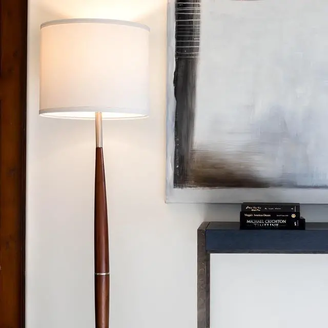 Alt view image 6 of 7 - Brightech Lucas LED Floor Lamp, Modern Light for Living Rooms & Offices, Great Living Room Décor with Drum Shade & Handsome Wood Finish, Bohemian Standing Lamp for Bedroom Reading