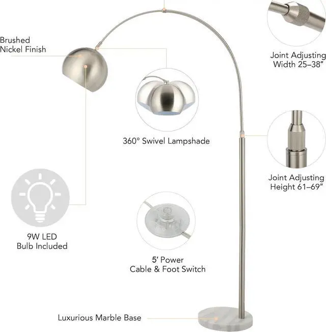 Alt view image 4 of 7 - CO-Z Modern Arc Floor Lamp with 360° Rotatable Hanging Shade Adjustable Nickel Standing Reading Light with Marble Base Contemporary Arch Metal Pole Task Lamp for Living Room Couch Sofa, 69 Inch