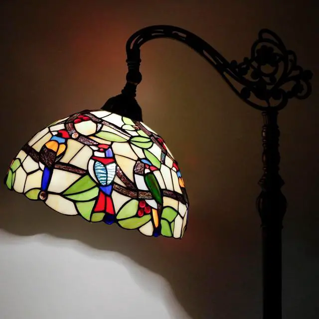 Alt view image 2 of 7 - WERFACTORY Tiffany Floor Lamp Amber Double Birds Stained Glass Arched Lamp 12X18X64 Inches Gooseneck Adjustable Corner Standing Reading Light Decor Bedroom Living Room S805 Series