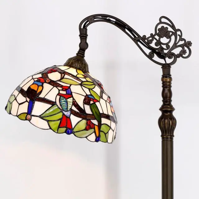 Alt view image 3 of 7 - WERFACTORY Tiffany Floor Lamp Amber Double Birds Stained Glass Arched Lamp 12X18X64 Inches Gooseneck Adjustable Corner Standing Reading Light Decor Bedroom Living Room S805 Series