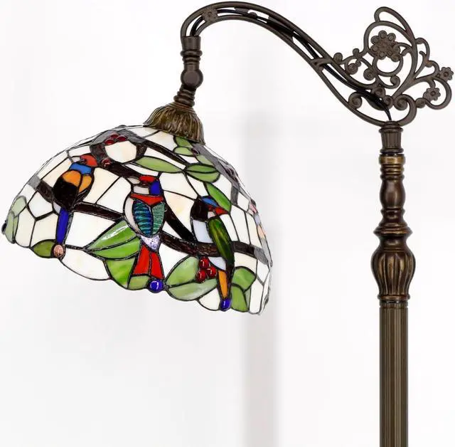 Alt view image 4 of 7 - WERFACTORY Tiffany Floor Lamp Amber Double Birds Stained Glass Arched Lamp 12X18X64 Inches Gooseneck Adjustable Corner Standing Reading Light Decor Bedroom Living Room S805 Series