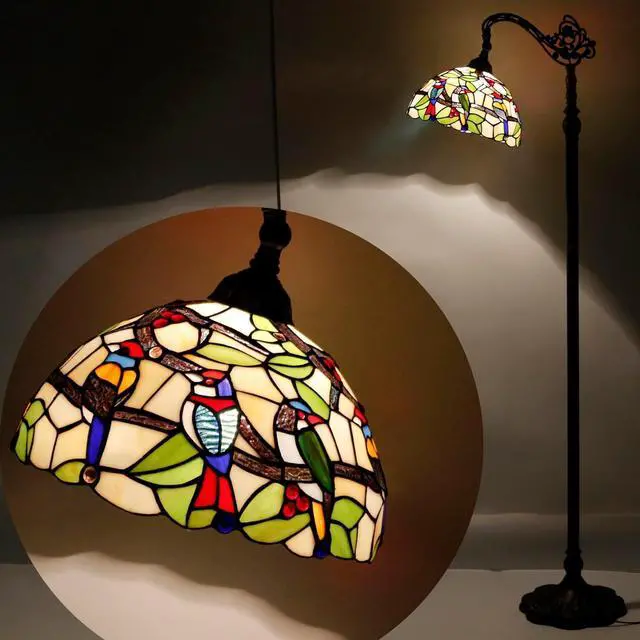 Alt view image 5 of 7 - WERFACTORY Tiffany Floor Lamp Amber Double Birds Stained Glass Arched Lamp 12X18X64 Inches Gooseneck Adjustable Corner Standing Reading Light Decor Bedroom Living Room S805 Series