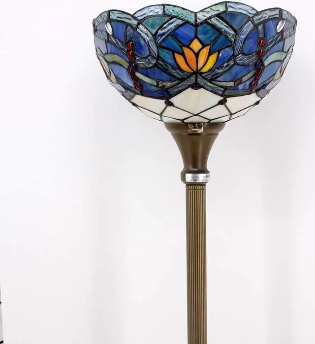 Alt view image 7 of 7 - WERFACTORY Tiffany Floor Lamp Blue Lotus Flower Stained Glass Light 12X12X66 Inches Pole Torchiere Standing Corner Torch Uplight Decor Bedroom Living Room Home Office S220 Series