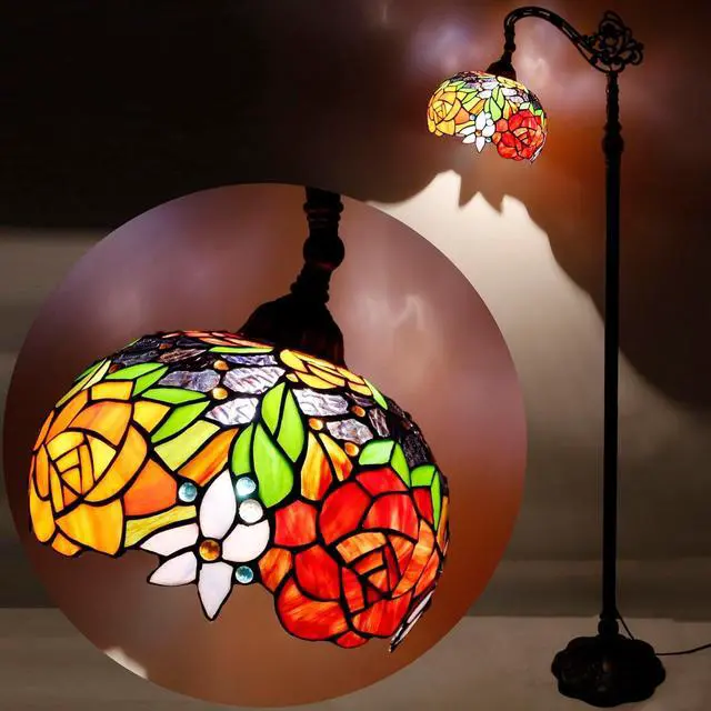 Alt view image 3 of 7 - WERFACTORY Tiffany Floor Lamp Red Rose Flower Stained Glass Arched Lamp 10X18X64 Inches Gooseneck Adjustable Corner Standing Reading Light Decor Bedroom Living Room S001 Series