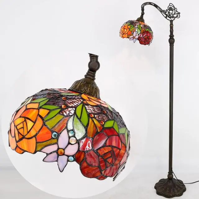 Alt view image 5 of 7 - WERFACTORY Tiffany Floor Lamp Red Rose Flower Stained Glass Arched Lamp 10X18X64 Inches Gooseneck Adjustable Corner Standing Reading Light Decor Bedroom Living Room S001 Series