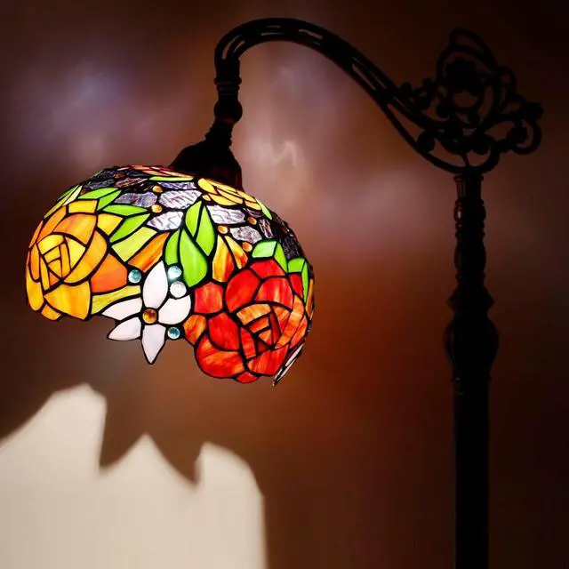 Alt view image 2 of 7 - WERFACTORY Tiffany Floor Lamp Red Rose Flower Stained Glass Arched Lamp 10X18X64 Inches Gooseneck Adjustable Corner Standing Reading Light Decor Bedroom Living Room S001 Series