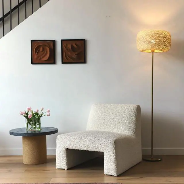 Alt view image 6 of 7 - Brightech Rowan Elegant Floor Lamp  Modern Unique Thread Shade Matches Boho, and Mid-Century Décor  Free Standing LED Light for Living Rooms and Bedrooms  Tall Indoor Lamp Gets Compliments - Brass