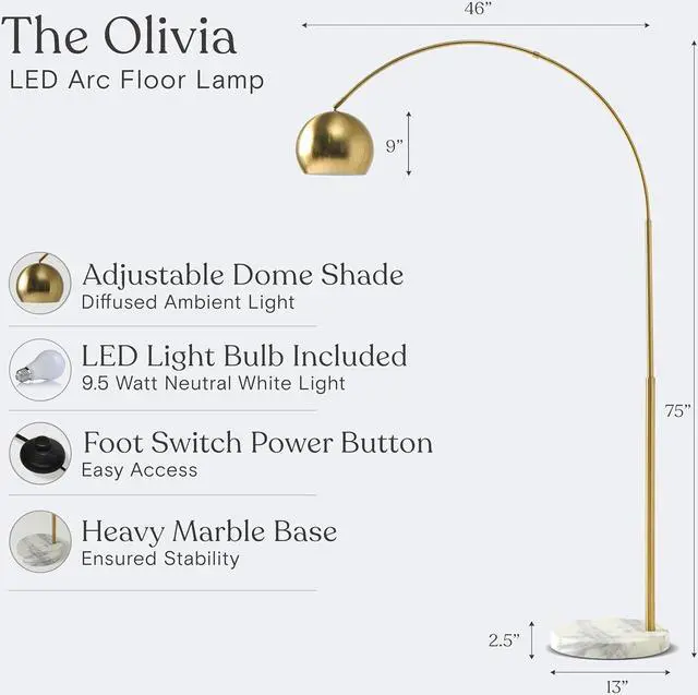 Alt view image 3 of 7 - Brightech Olivia Floor Lamp, Arc Lamp for Living Rooms, Standing Lamp with LED Light Bulbs for Bedroom Reading, Great Living Room Décor, Tall Lamp for Offices  Brass/Gold