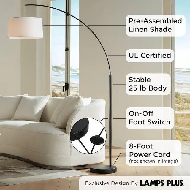 Alt view image 3 of 7 - 360 Lighting Cora Mid Century Modern Arc Floor Lamp 72" Tall Black Metal White Linen Fabric Drum Shade Decor for Living Room Reading House Bedroom Home Office House