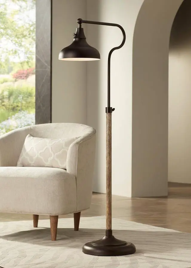 Alt view image 2 of 7 - Franklin Iron Works Ferris Industrial Rustic Farmhouse Adjustable Pharmacy Floor Lamp Downbridge 57" Tall Bronze Faux Wood Grain Metal Brown Shade for Living Room Reading House Bedroom Family Home