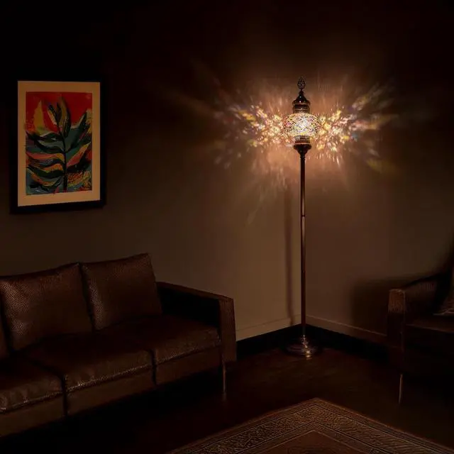 Alt view image 2 of 7 - DEMMEX Biggest Size 10" Globe Turkish Moroccan Mosaic Floor Lamp, Bohemian Colorful Mosaic Glass Exotic Oriental Floor Lamp, Antique Brass Color Metal Body, 5.5ft Height, Handmade (Multicolored)
