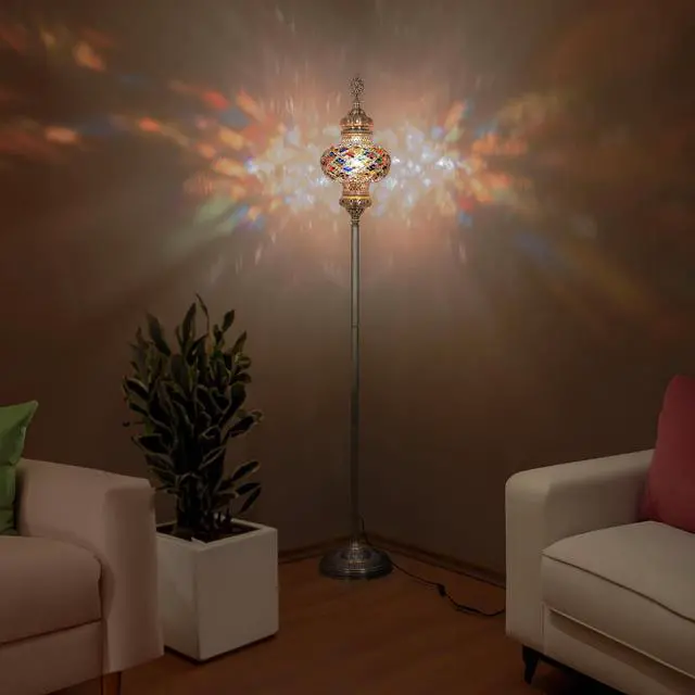 Alt view image 5 of 7 - DEMMEX Biggest Size 10" Globe Turkish Moroccan Mosaic Floor Lamp, Bohemian Colorful Mosaic Glass Exotic Oriental Floor Lamp, Antique Brass Color Metal Body, 5.5ft Height, Handmade (Multicolored)