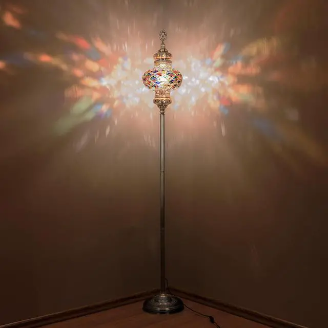Alt view image 7 of 7 - DEMMEX Biggest Size 10" Globe Turkish Moroccan Mosaic Floor Lamp, Bohemian Colorful Mosaic Glass Exotic Oriental Floor Lamp, Antique Brass Color Metal Body, 5.5ft Height, Handmade (Multicolored)
