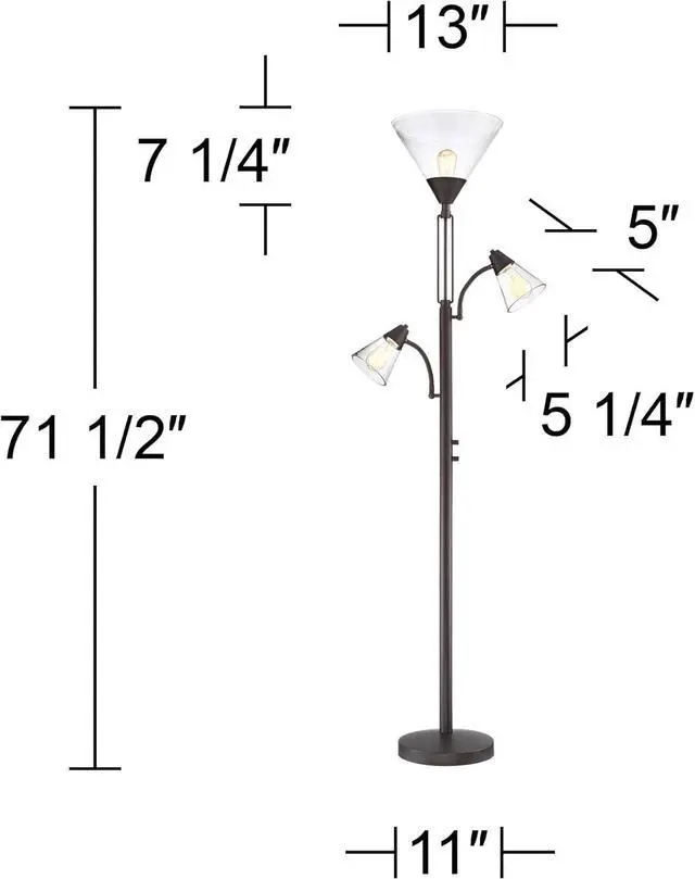 Alt view image 4 of 7 - Franklin Iron Works Warwick Industrial Torchiere Tree Floor Lamp LED 3-Light Edison 71.5" Tall Tiger Bronze Metal Clear Seedy Glass Shade for Living Room Reading House Bedroom Home