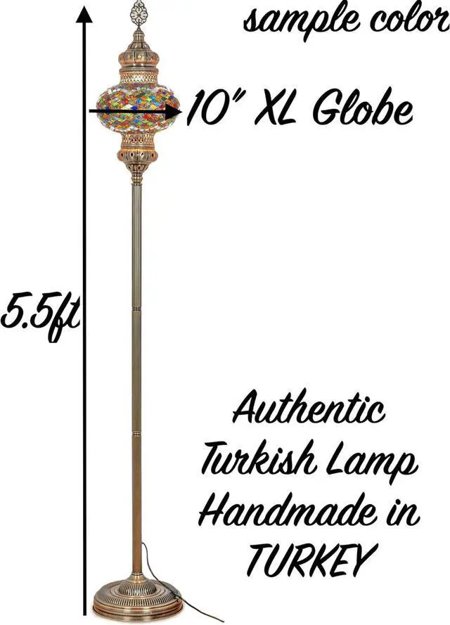 Alt view image 4 of 7 - DEMMEX Biggest Size 10" Globe Turkish Moroccan Mosaic Floor Lamp, Bohemian Colorful Mosaic Glass Exotic Oriental Floor Lamp, Antique Brass Color Metal Body, 5.5ft Height, Handmade (Multicolored)