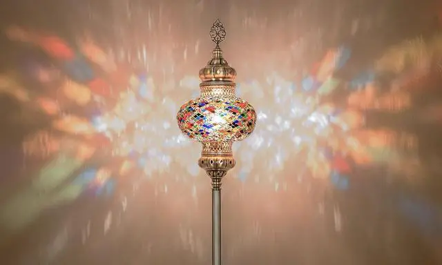 Alt view image 6 of 7 - DEMMEX Biggest Size 10" Globe Turkish Moroccan Mosaic Floor Lamp, Bohemian Colorful Mosaic Glass Exotic Oriental Floor Lamp, Antique Brass Color Metal Body, 5.5ft Height, Handmade (Multicolored)