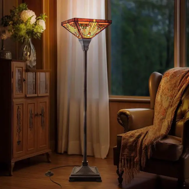 Alt view image 3 of 6 - Capulina Tiffany Torchiere Floor Lamp, 70 Inches Tall Industrial Blackish Bronze Pole Amber Brown Antique Style Stained Glass Torch Standing Light for Living Room Bedroom Home Office