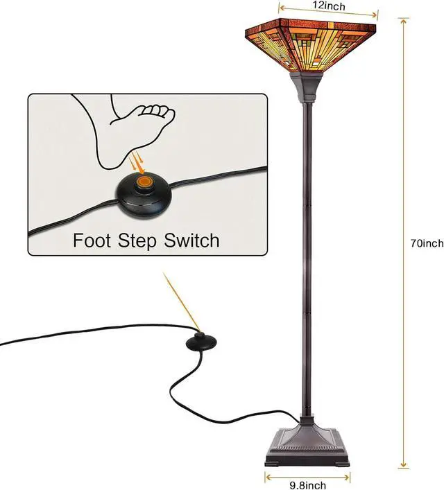 Alt view image 5 of 6 - Capulina Tiffany Torchiere Floor Lamp, 70 Inches Tall Industrial Blackish Bronze Pole Amber Brown Antique Style Stained Glass Torch Standing Light for Living Room Bedroom Home Office