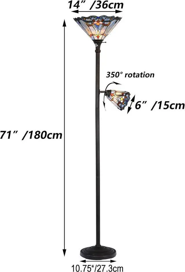 Alt view image 4 of 7 - Bieye L10686 Baroque Tiffany Style Stained Glass Torchiere Floor Lamp with Sidelight for Reading Home Decor, 71-inch Tall