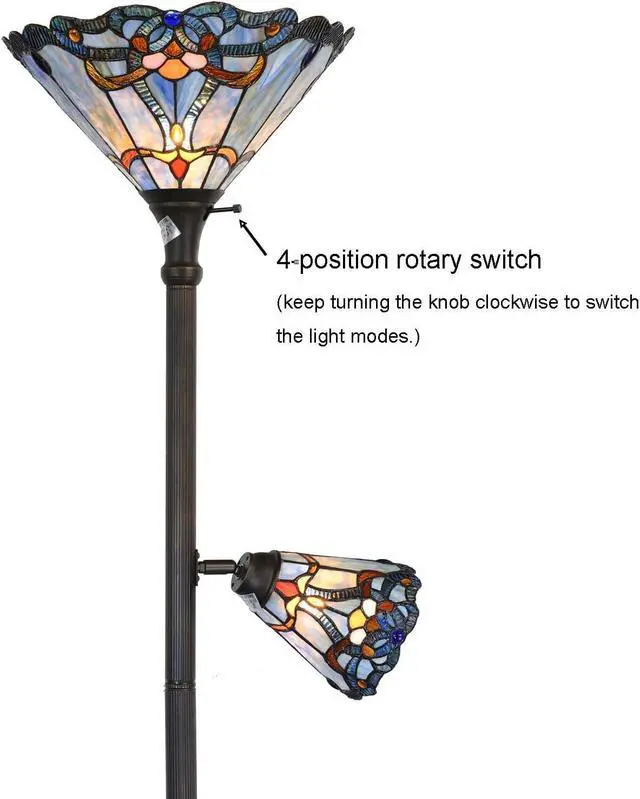 Alt view image 6 of 7 - Bieye L10686 Baroque Tiffany Style Stained Glass Torchiere Floor Lamp with Sidelight for Reading Home Decor, 71-inch Tall