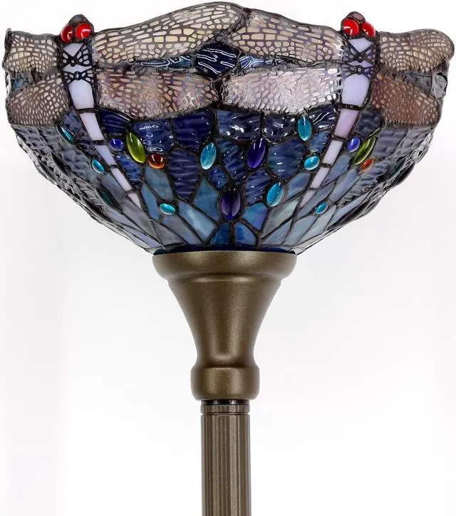 Alt view image 4 of 7 - WERFACTORY Tiffany Floor Lamp Sea Blue Stained Glass Dragonfly Light 12X12X66 Inches Pole Torchiere Standing Corner Torch Uplight Decor Bedroom Living Room Home Office S631 Series