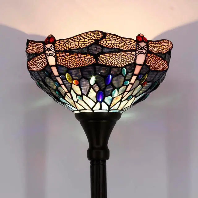 Alt view image 6 of 7 - WERFACTORY Tiffany Floor Lamp Sea Blue Stained Glass Dragonfly Light 12X12X66 Inches Pole Torchiere Standing Corner Torch Uplight Decor Bedroom Living Room Home Office S631 Series