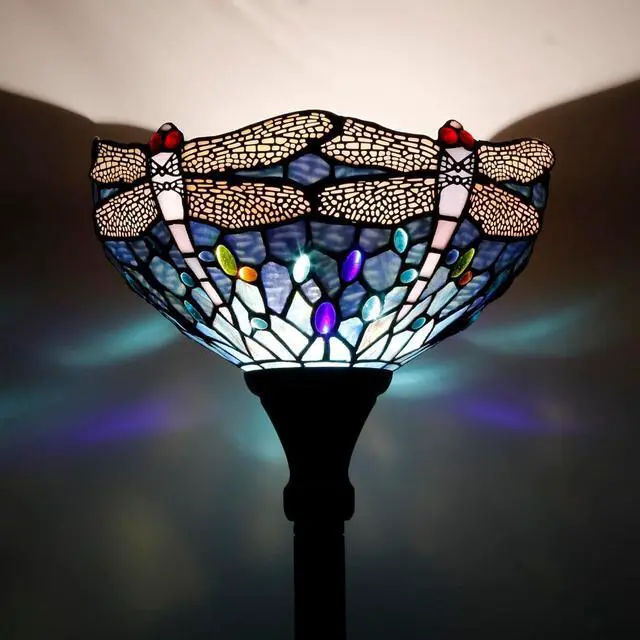 Alt view image 5 of 7 - WERFACTORY Tiffany Floor Lamp Sea Blue Stained Glass Dragonfly Light 12X12X66 Inches Pole Torchiere Standing Corner Torch Uplight Decor Bedroom Living Room Home Office S631 Series