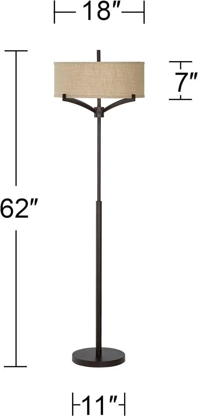 Alt view image 4 of 7 - Franklin Iron Works Tremont Modern Mid Century Floor Lamp Standing 62" Tall Deep Bronze Metal Tan Burlap Drum Shade for Living Room Reading Bedroom Office House Home Decor