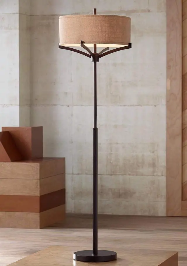 Alt view image 2 of 7 - Franklin Iron Works Tremont Modern Mid Century Floor Lamp Standing 62" Tall Deep Bronze Metal Tan Burlap Drum Shade for Living Room Reading Bedroom Office House Home Decor