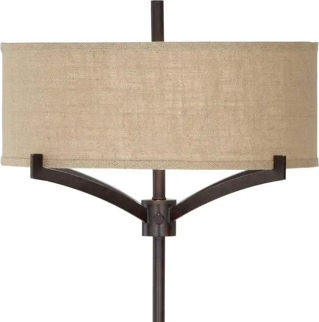 Alt view image 7 of 7 - Franklin Iron Works Tremont Modern Mid Century Floor Lamp Standing 62" Tall Deep Bronze Metal Tan Burlap Drum Shade for Living Room Reading Bedroom Office House Home Decor