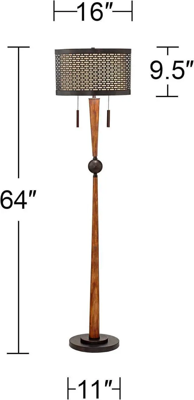 Alt view image 4 of 7 - Franklin Iron Works Hunter Modern Mid Century Farmhouse Rustic Floor Lamp 64" Tall Bronze Cherry Wood Perforated Metal Cream Linen Double Drum Shade for Living Room Reading Bedroom Office House