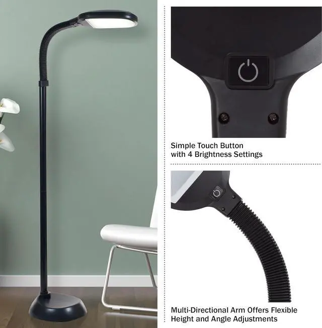 Alt view image 2 of 7 - Lavish Home LED Floor Lamp - Full Spectrum Natural Sunlight Lamp with Bendable Neck - Dimmable Reading, Craft, and Esthetician Light (Black)