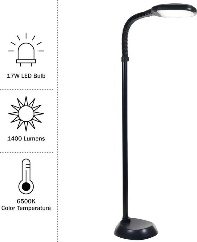 Alt view image 3 of 7 - Lavish Home LED Floor Lamp - Full Spectrum Natural Sunlight Lamp with Bendable Neck - Dimmable Reading, Craft, and Esthetician Light (Black)