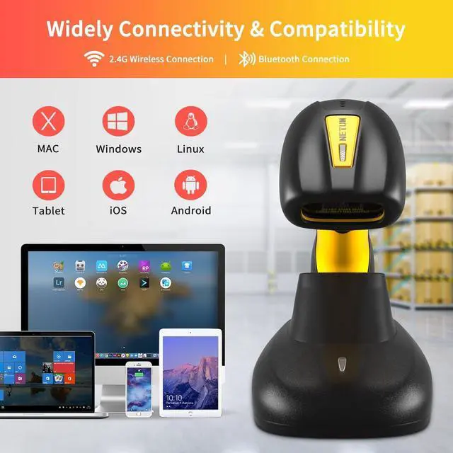 Alt view image 2 of 7 - Upgraded QR Industrial Bluetooth Barcode Scanner with Charging Dock, Wireless 2D 1D Bar Code Reader 2600mAh Drop Protection Shock Dust Proof Hands Free for Windows Mac Android iOS (NT-1202W)
