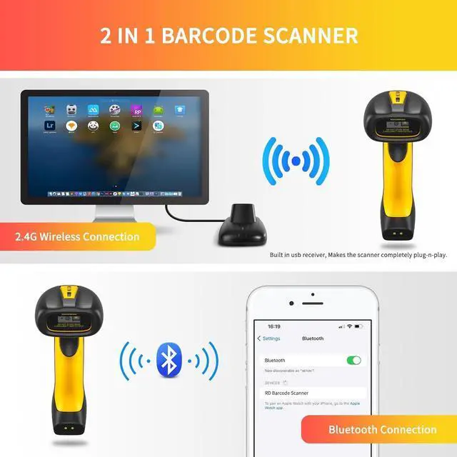Alt view image 5 of 7 - Upgraded QR Industrial Bluetooth Barcode Scanner with Charging Dock, Wireless 2D 1D Bar Code Reader 2600mAh Drop Protection Shock Dust Proof Hands Free for Windows Mac Android iOS (NT-1202W)