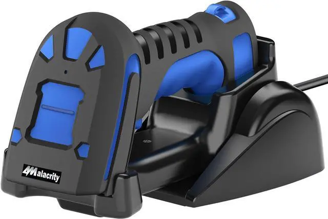Main image of Alacrity Upgraded 2D Industrial Barcode Scanner with Wireless Charging Stand, 1968 Feet Transmission Distance 433Mhz Wireless & Bluetooth 2in1 Barcode Reader, Shock Dust Proof Hands Free, Blue
