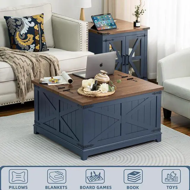 Alt view image 2 of 7 - Farmhouse Coffee Table with Hidden Storage Organizer, Modern Square Large Center Table, Wood Farm House Low Navy Blue Living Room Tables with Hinged Lift Top for Home, Office