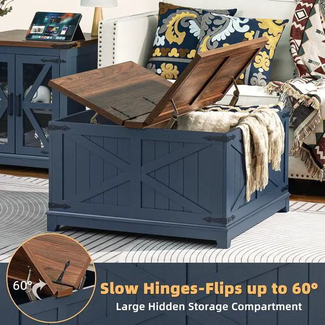 Alt view image 3 of 7 - Farmhouse Coffee Table with Hidden Storage Organizer, Modern Square Large Center Table, Wood Farm House Low Navy Blue Living Room Tables with Hinged Lift Top for Home, Office